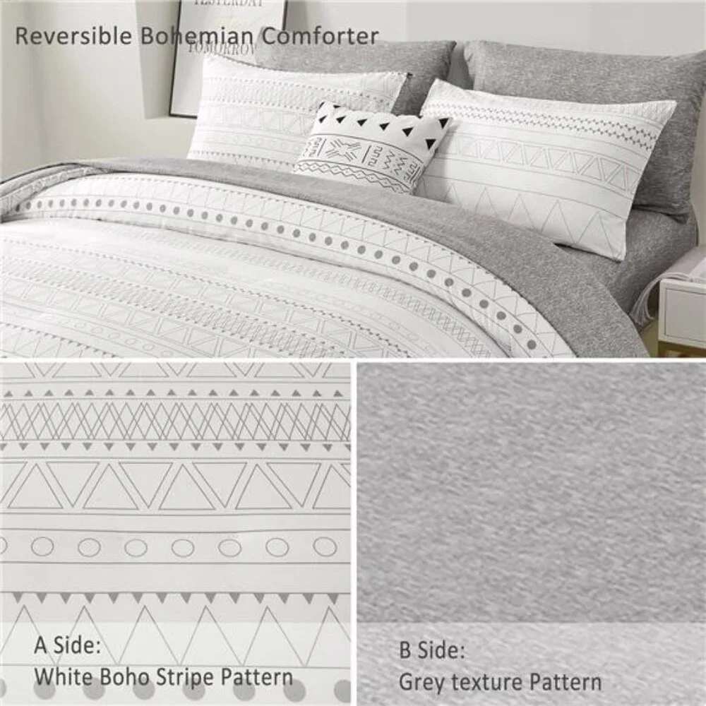 Boho Comforter Set King Size,7 Pieces Grey White Geometric Bohemian Bed in a Bag